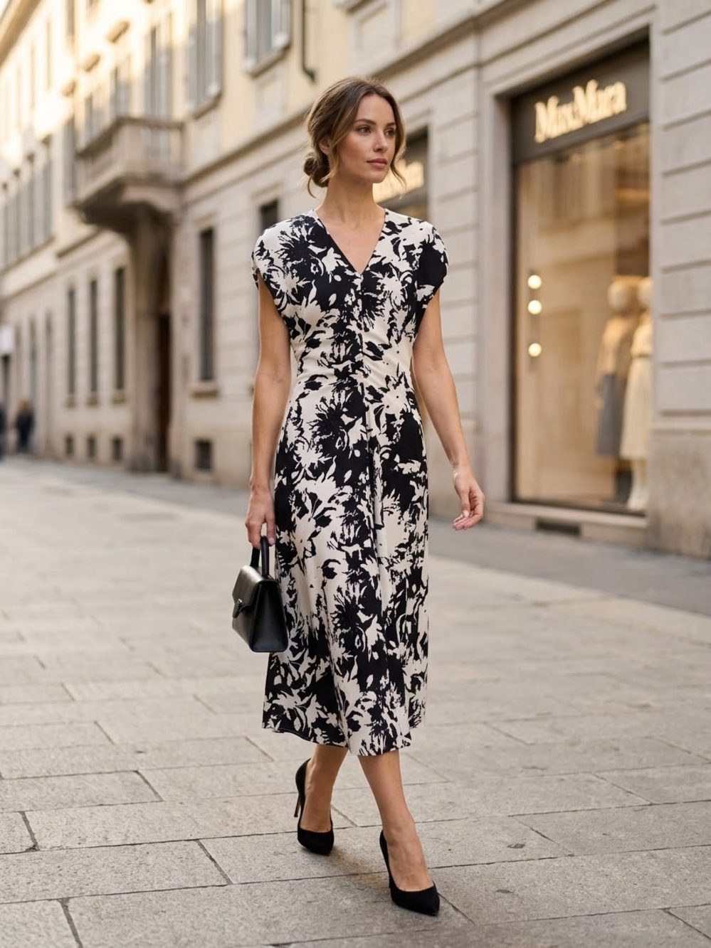 Max Mara Italy Floral Print V-Neck Midi Dress Medium M Black White Cap Sleeve